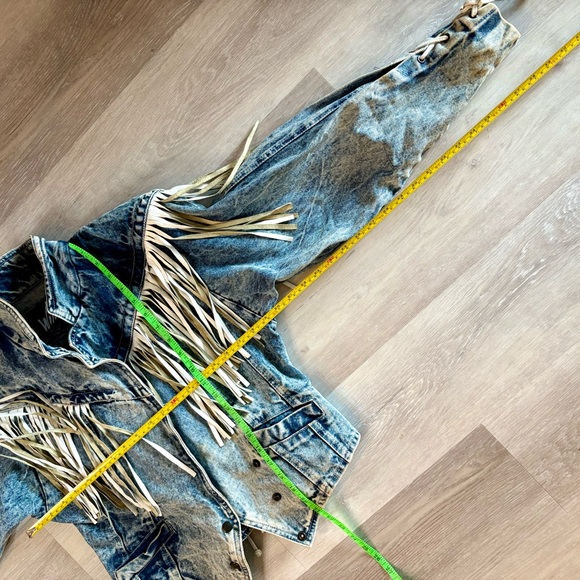 Vintage Denim and White Leather Fringe Removable Shoulder Pads Sz M - Picture 6 of 9